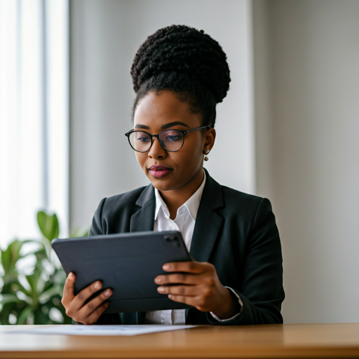 Professional African business woman reviewing documents on tablet